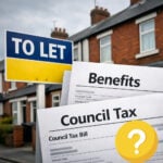 To let sign outside UK housing with council tax bill and benefits paperwork highlighting rent and tax responsibility