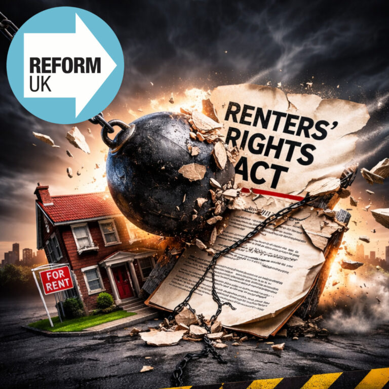 Wrecking ball smashing the Renters’ Rights Act beside a house for rent and Reform UK logo