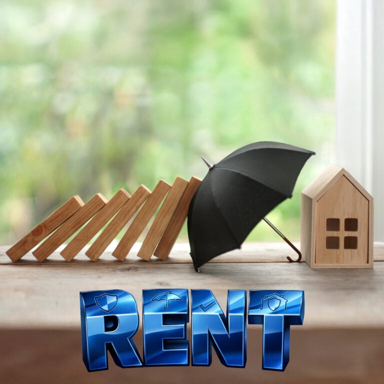 Domino effect leading to a house protected by an umbrella, symbolising rent protection insurance.