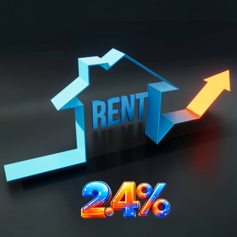 Graphic showing a house outline with an upward arrow and 2.4% rent increase, illustrating slowing rent growth in England