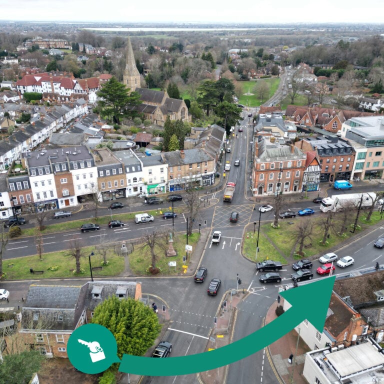 Aerial view of Esher town centre highlighting rising demand for rental properties