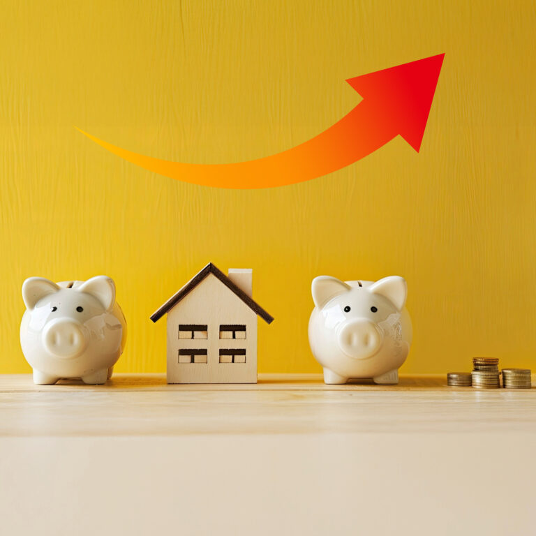 Piggy banks and a house beneath an upward arrow symbolising rising rents and growing tenancy deposits