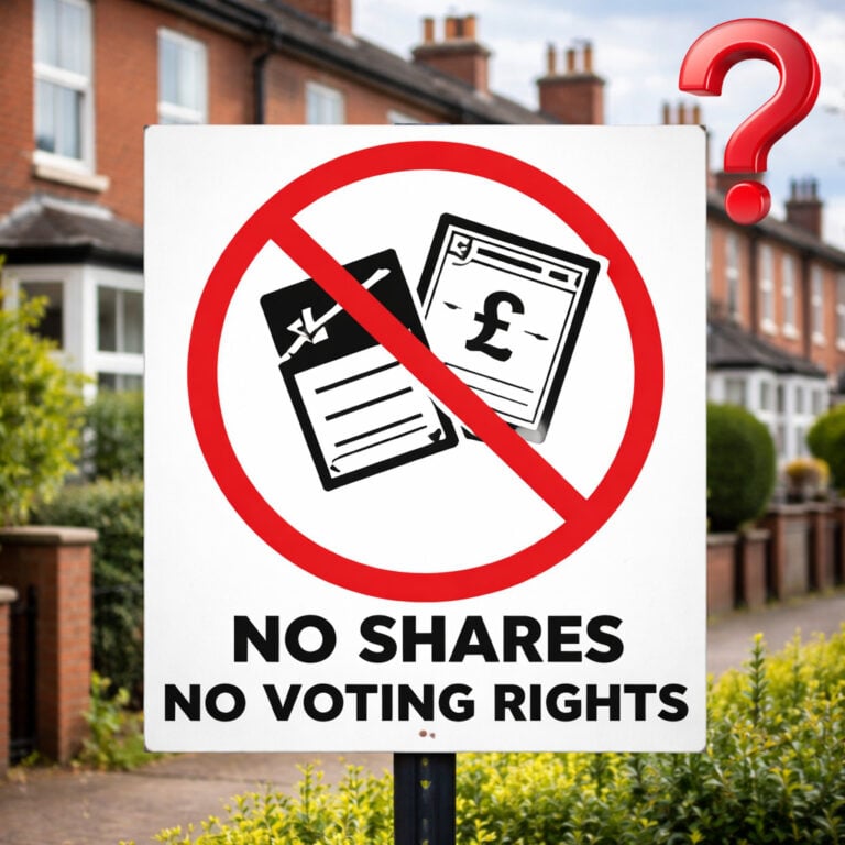 Sign stating “No shares, no voting rights” outside a residential street, highlighting loss of resident control