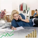 Student reviewing paperwork on phone with rising investment and growth graphic overlay