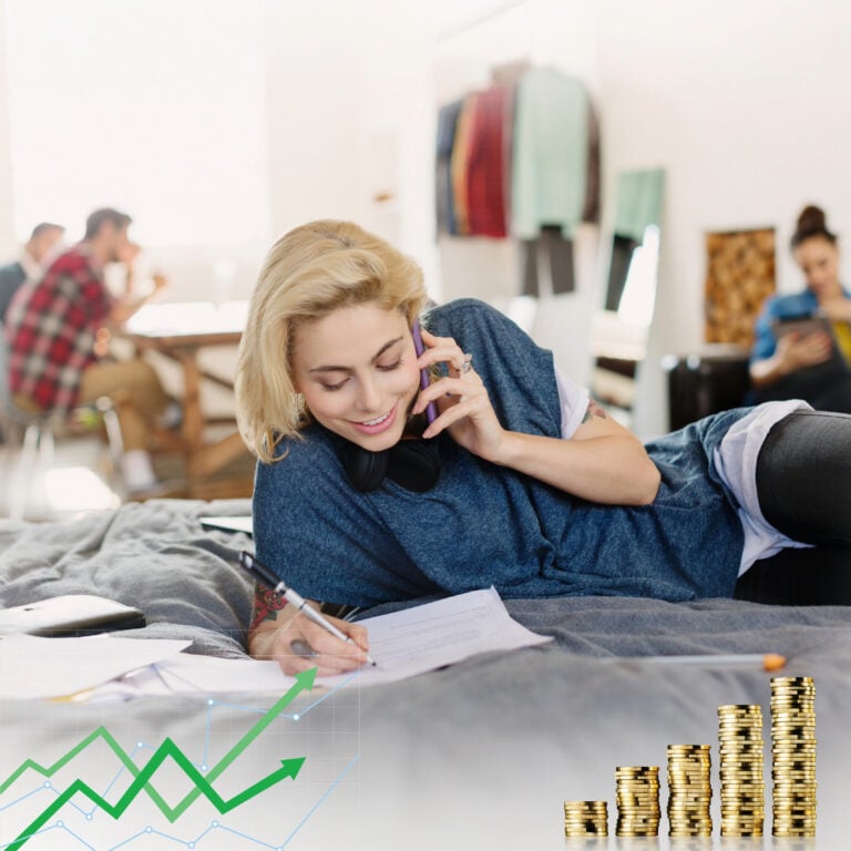 Student reviewing paperwork on phone with rising investment and growth graphic overlay