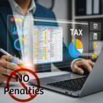 Tax dashboard showing charts and quarterly records with no penalties symbol, illustrating Making Tax Digital support for landlords