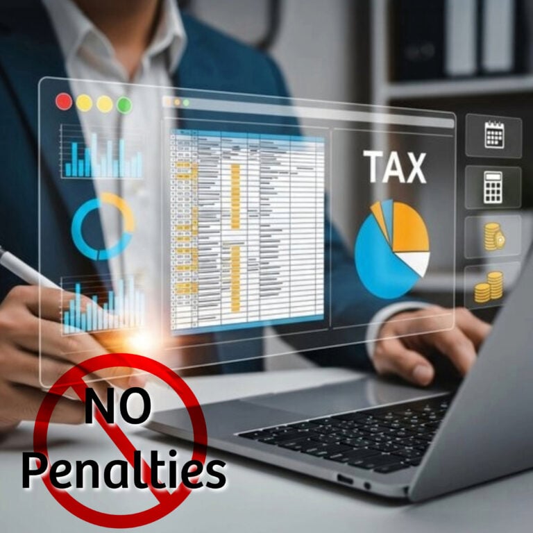 Tax dashboard showing charts and quarterly records with no penalties symbol, illustrating Making Tax Digital support for landlords