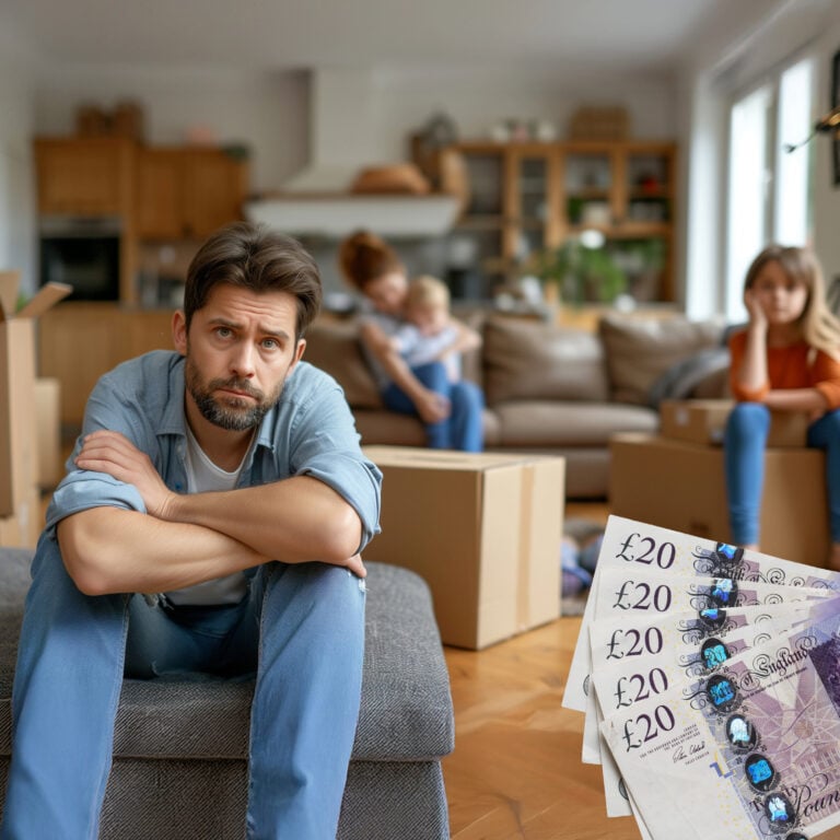 Worried father surrounded by moving boxes with £20 notes highlighting rising temporary accommodation costs