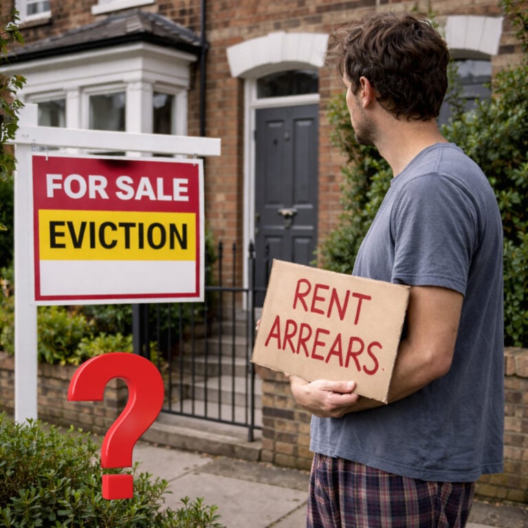 Landlord holding a rent arrears sign outside a house with an eviction notice displayed