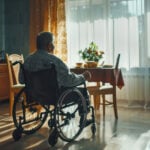 Elderly wheelchair user sitting alone at a dining table in a cluttered home