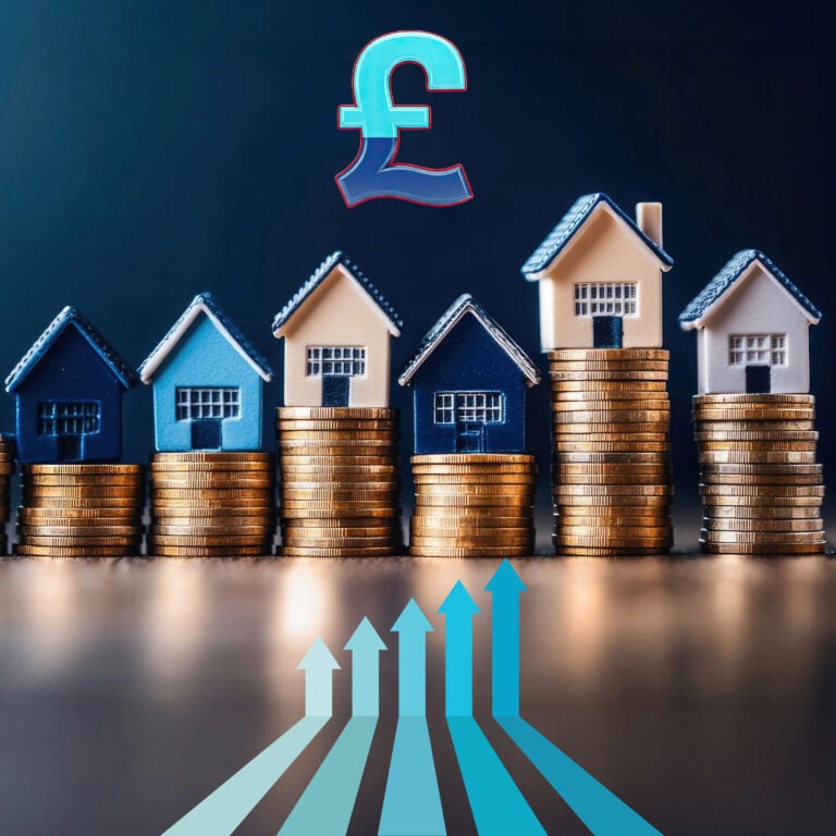 Stacked coins with miniature houses and a rising arrow beneath a pound symbol, illustrating higher HMO rental yields
