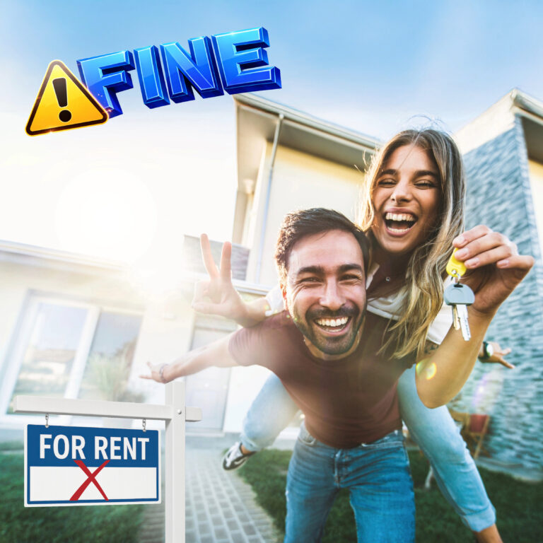 Young couple celebrating with house keys outside a home, with a crossed-out “For Rent” sign highlighting rental barriers