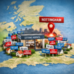 Map of the UK highlighting Nottingham with letting agents office and numerous “to let” signs representing rental market demand.