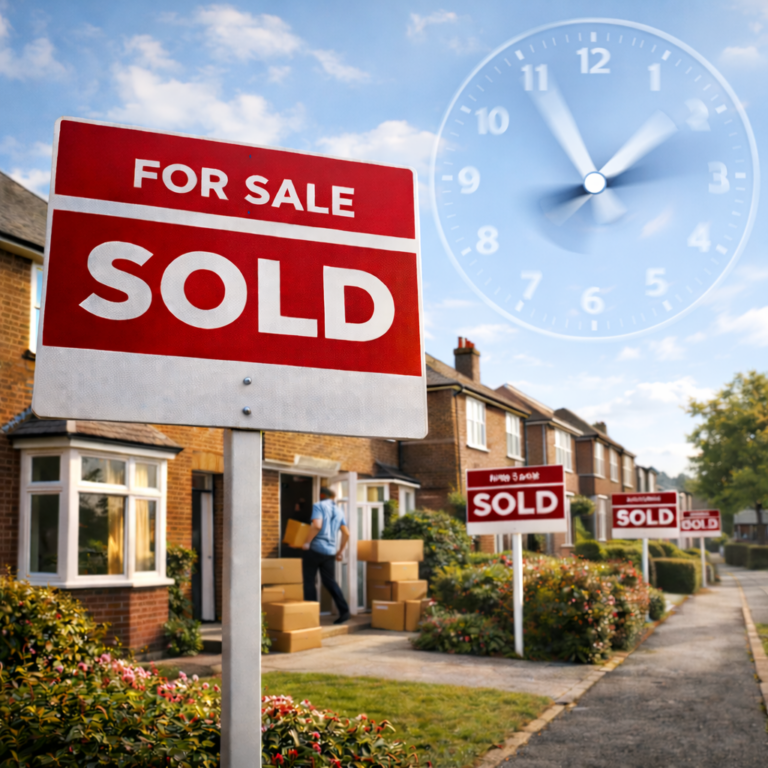 “Sold” signs outside suburban houses with a clock overlay highlighting fast property sales for landlords.