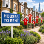 Houses to rent sign on a London street with rising pound arrows symbolising increasing UK rental prices