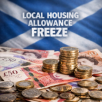 Scottish flag backdrop with UK coins and banknotes illustrating the Local Housing Allowance freeze in Scotland