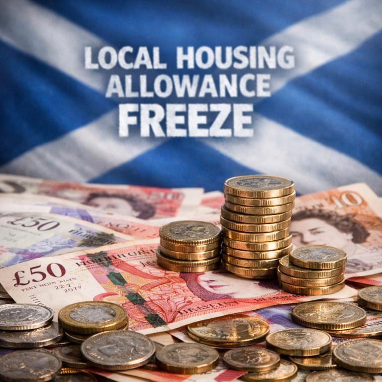 Scottish flag backdrop with UK coins and banknotes illustrating the Local Housing Allowance freeze in Scotland