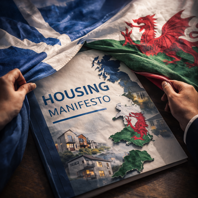 Scottish and Welsh flags revealing a housing manifesto document outlining housing policy proposals