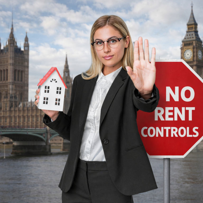 Woman holding a model house and signalling stop beside a “No Rent Controls” sign near the UK Parliament