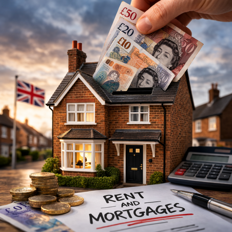 Model house with British pound notes representing rising UK rent and mortgage costs