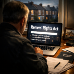 Landlord researching the Renters’ Rights Act on a laptop while reviewing property documents