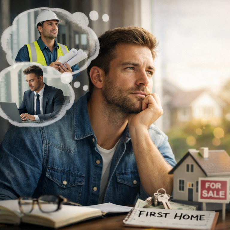 First-time homebuyer contemplating career choices while planning to buy a house
