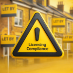 Warning sign for landlord licensing compliance in a neighbourhood with multiple “Let By” rental property signs.
