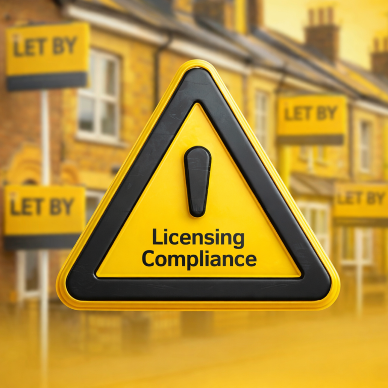 Warning sign for landlord licensing compliance in a neighbourhood with multiple “Let By” rental property signs.