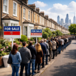 Long queue of prospective homebuyers outside terraced houses with “For Sale” signs in London suburb