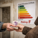 Tenant handing cash to landlord beside an EPC certificate showing an F energy rating in a poorly insulated home.