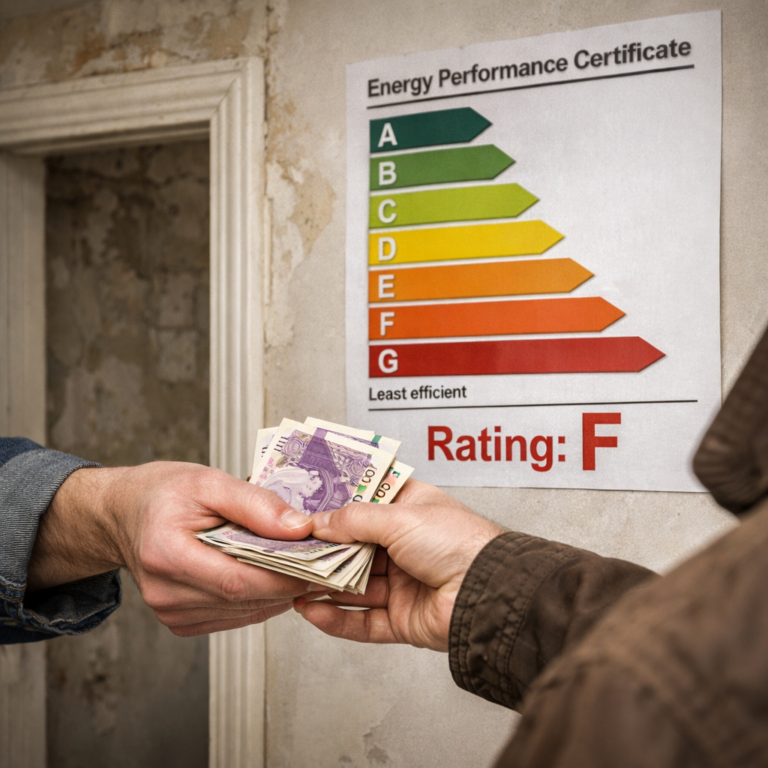 Tenant handing cash to landlord beside an EPC certificate showing an F energy rating in a poorly insulated home.