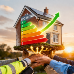 House with EPC rating scale and rising arrow symbolising energy efficiency upgrades for landlords