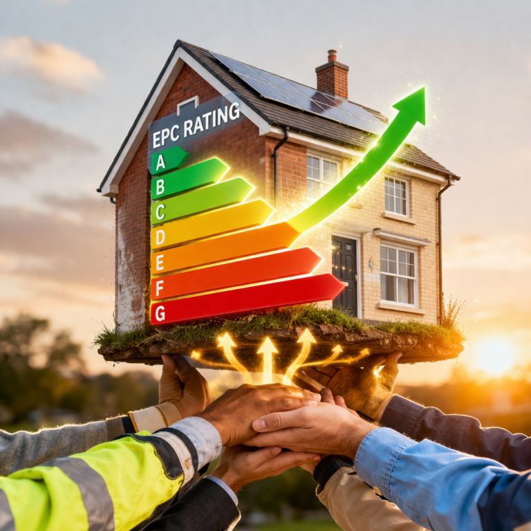 House with EPC rating scale and rising arrow symbolising energy efficiency upgrades for landlords