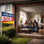 Tenants sitting inside a house next to a “For Sale – Sold” sign as a landlord sells a rental property