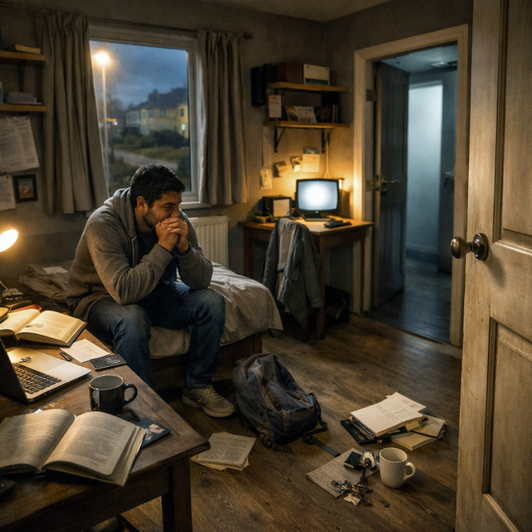 Student sitting in a private rental room, reflecting concerns about safety in off-campus housing