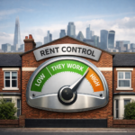 Gauge on a house shows rent control claimed to work, illustrating the debate over UK rent caps.