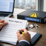 Person reviewing Renters’ Rights Act document with keys and housing awareness materials on desk