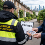 Council enforcement officer receiving cash beside a landlord fines notice on a London street