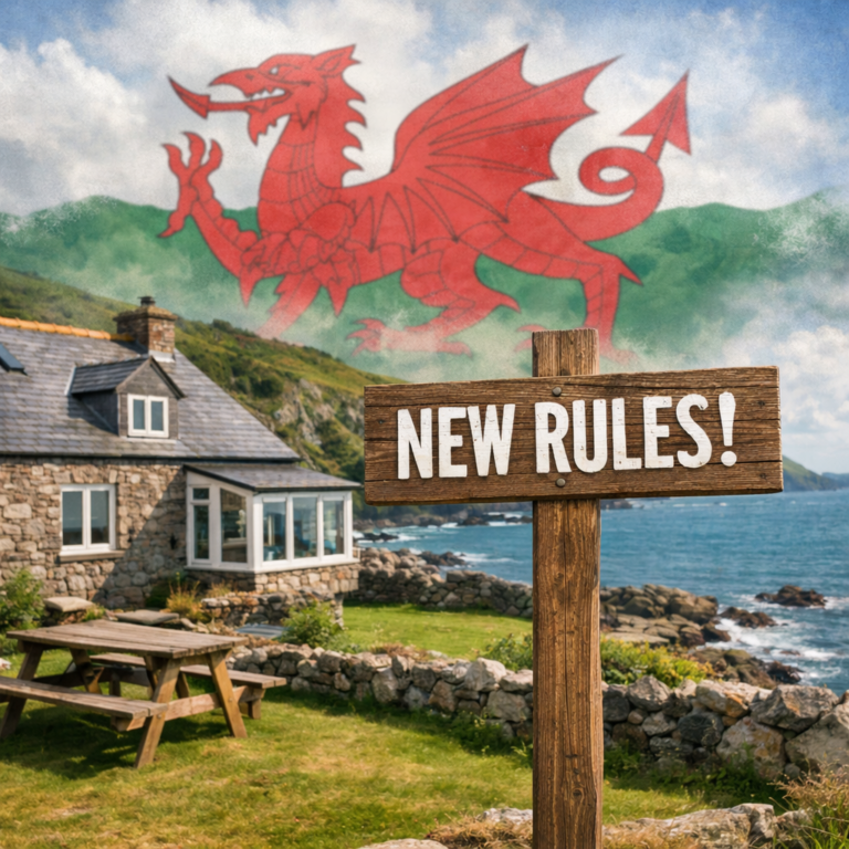 Wooden “New Rules” sign outside Welsh coastal cottage symbolising new short-term let regulations