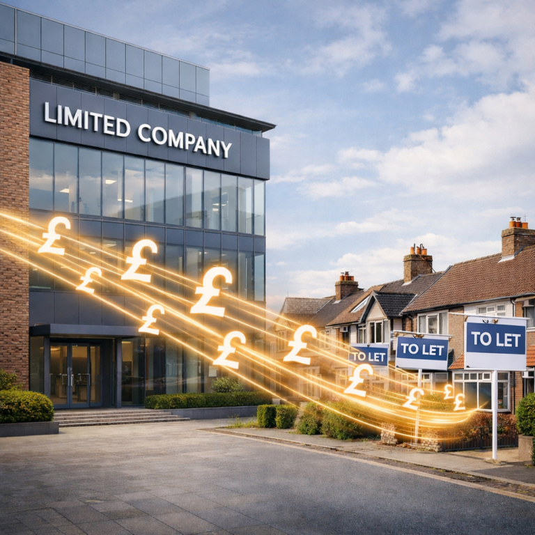 Pound symbols flowing from a limited company office towards buy-to-let homes with To Let signs