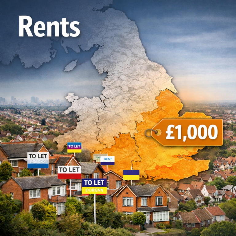 Map highlighting UK areas where average monthly rents exceed £1,000 alongside suburban homes with To Let signs