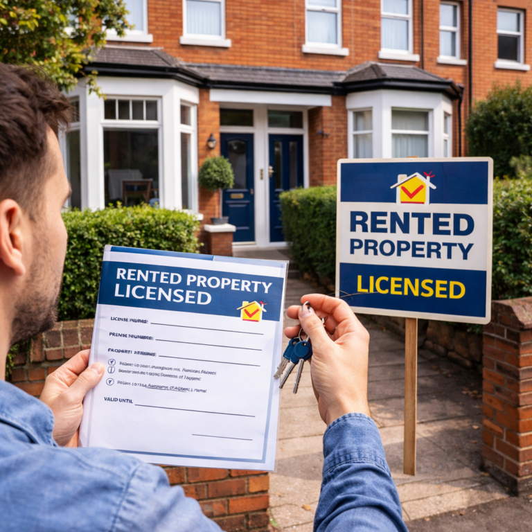 Landlord holding rental licence certificate and keys outside a licensed property in Blackpool