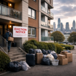Tenant leaving apartment building with eviction notice sign and belongings piled outside in London housing crisis