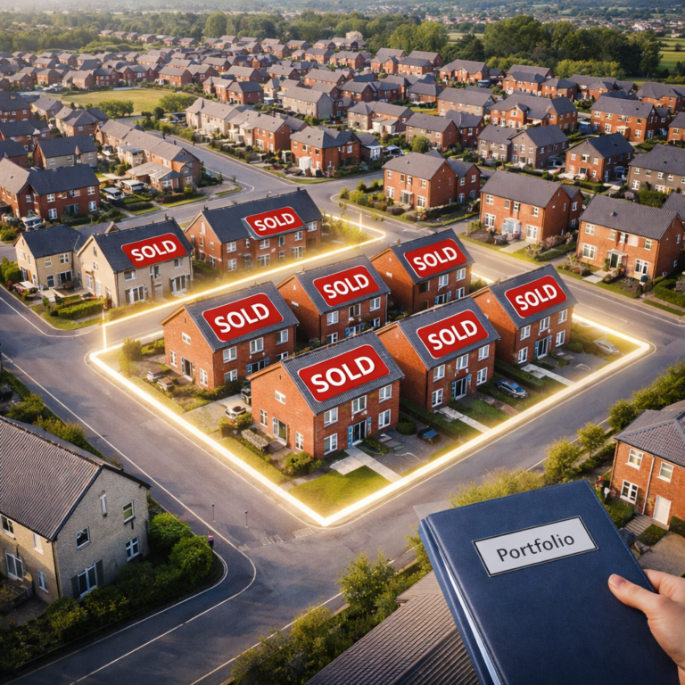 Cluster of suburban houses marked sold, highlighting bulk property purchases for HMO conversion