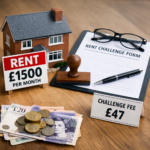 Rent increase challenge form with £47 fee, model house, and UK currency illustrating tribunal costs for tenants