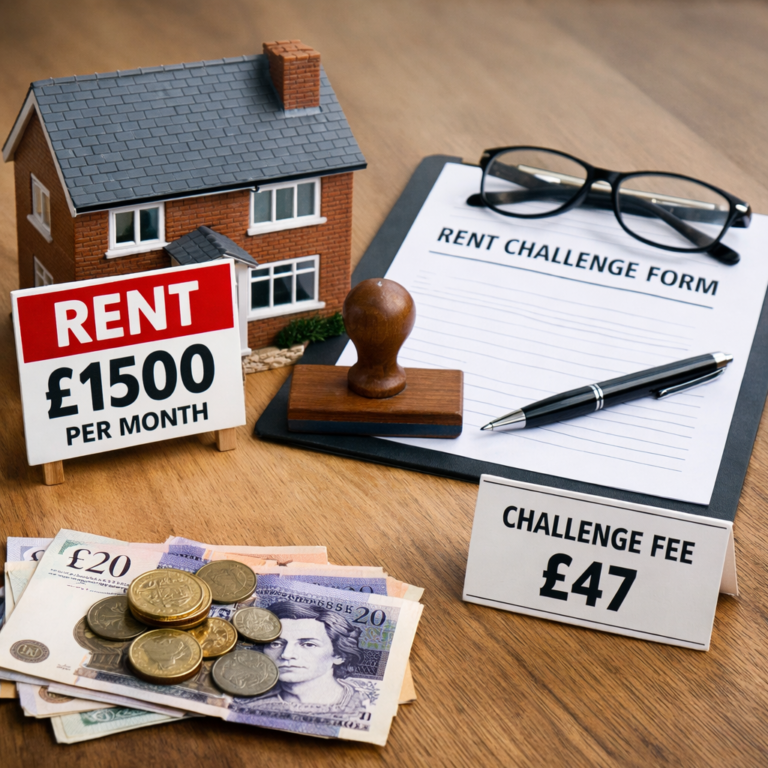 Rent increase challenge form with £47 fee, model house, and UK currency illustrating tribunal costs for tenants