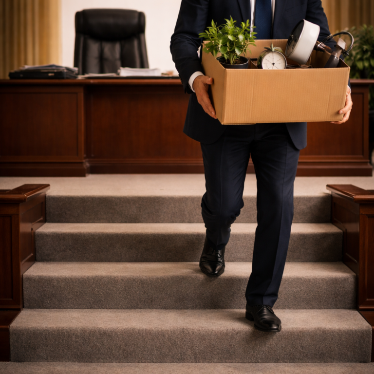 Executive carrying a box of office belongings after stepping down from a leadership role