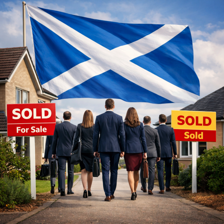 Scottish landlords and agents walking past sold houses under a large Scotland flag, symbolising market pressure
