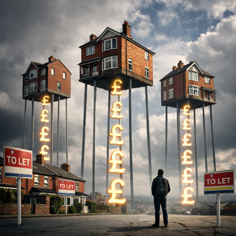 Houses elevated on pillars with glowing pound signs, symbolising rising rental costs and landlord pressures