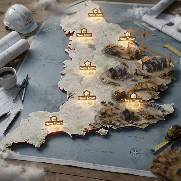 Map of England highlighting proposed new towns and large-scale housing developments across multiple regions
